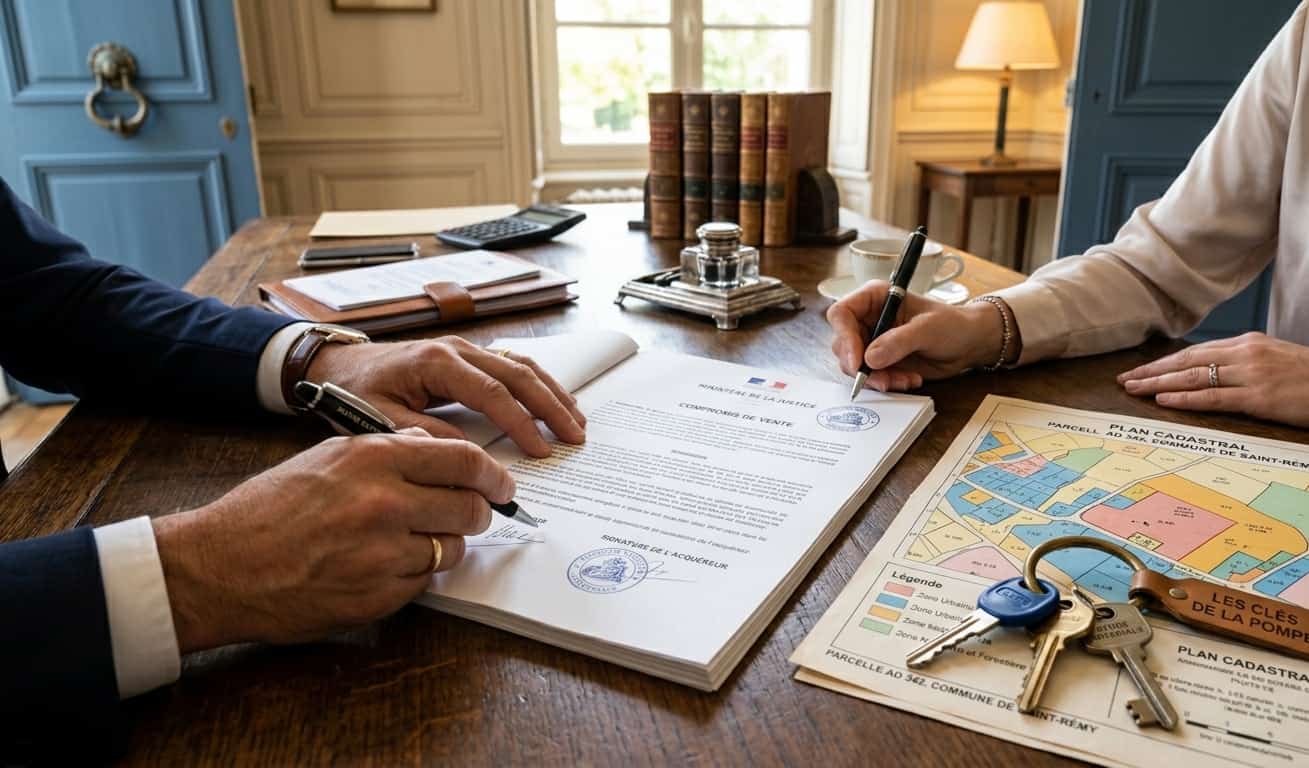 Signature d'un compromis de vente de terrain chez un notaire avec plan cadastral et contrat synallagmatique.