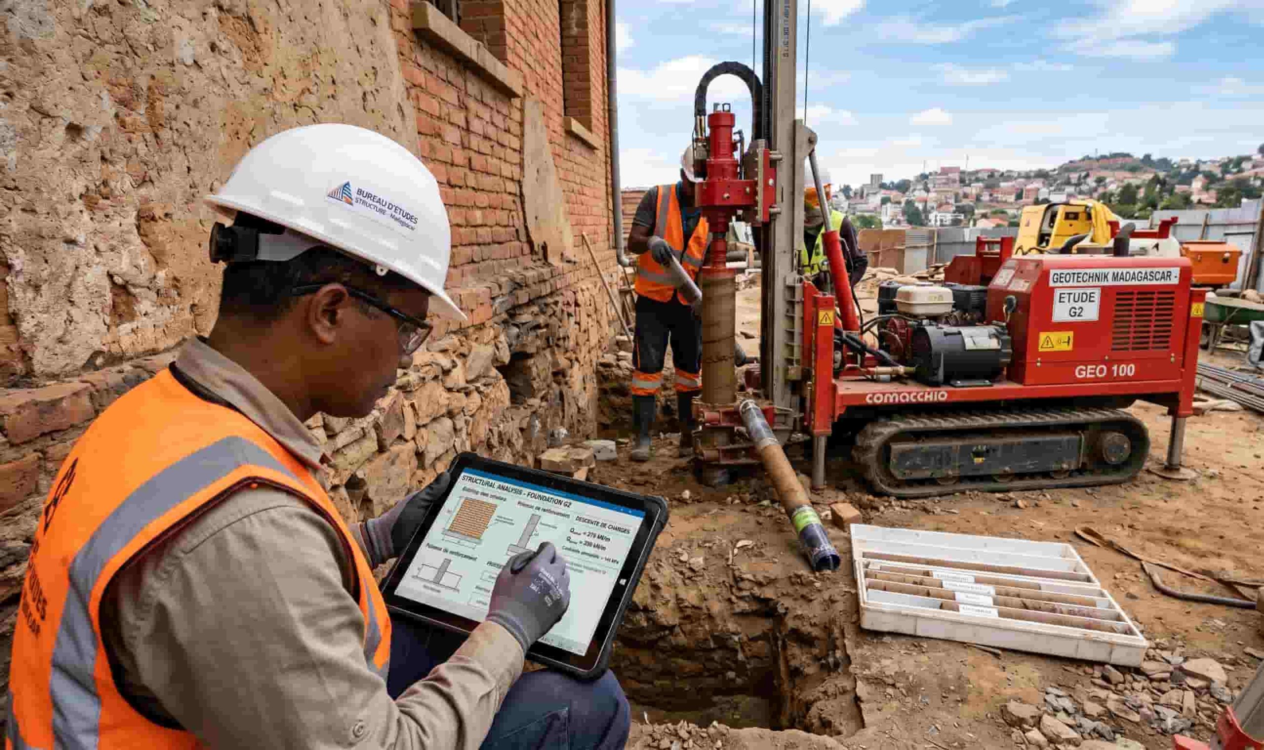 Étude de sol G2 et diagnostic structurel par un ingénieur avant une surélévation de maison.