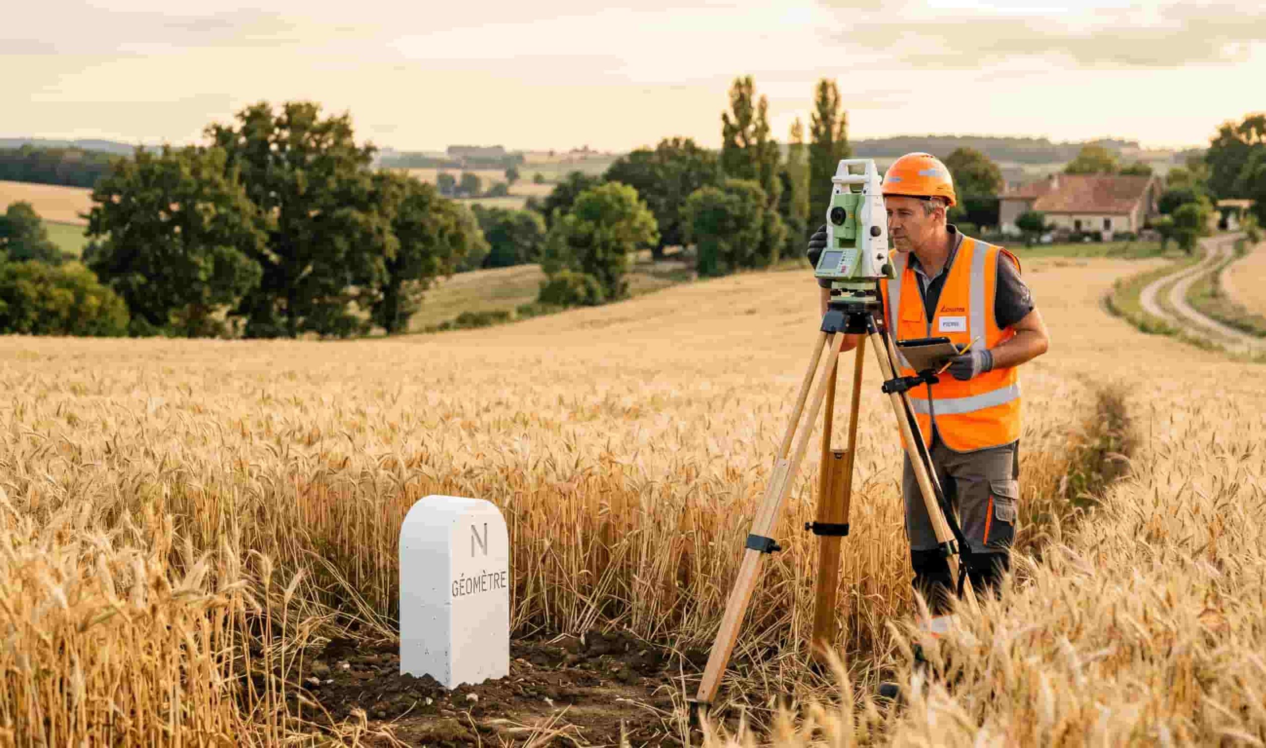 Géomètre-expert procédant au bornage contradictoire et au levé topographique pour une division de terrain agricole.
