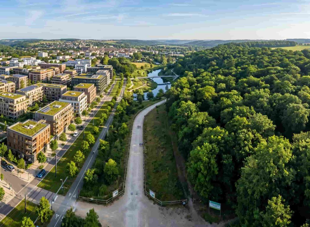 Vue aérienne illustrant l'équilibre territorial entre une zone urbaine dense (Zone U) et un espace naturel préservé (Zone N) conformément au PLU.
