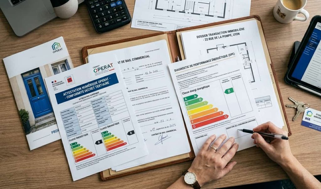 Communication de l'attestation éco-énergie tertiaire lors d'une transaction immobilière commerciale, annexée au contrat de bail.