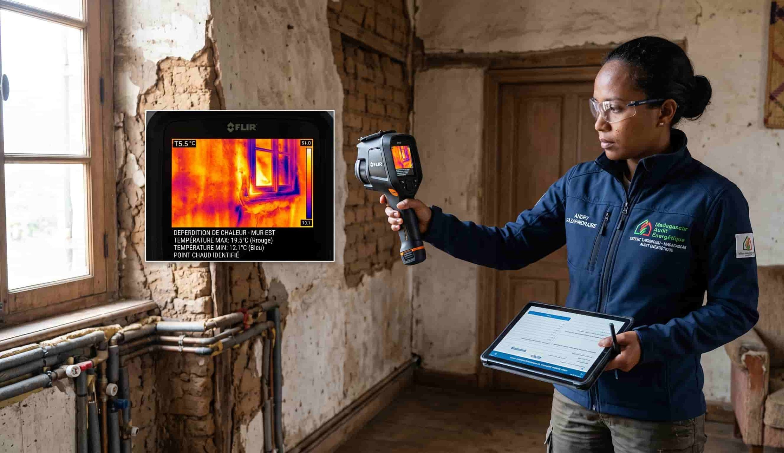 Expert réalisant un audit énergétique avec une caméra thermique pour identifier les ponts thermiques.