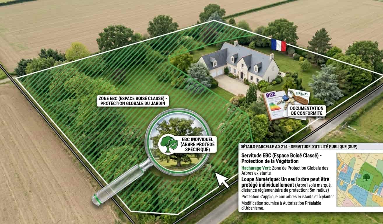 Représentation graphique d'un Espace Boisé Classé (EBC) sur une parcelle cadastrale dans un PLU.
