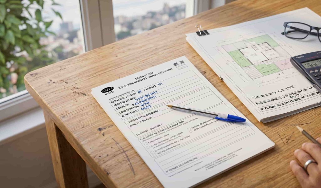 Remplissage du formulaire Cerfa 6650 (déclaration H1) pour la taxe foncière d'une maison neuve.
