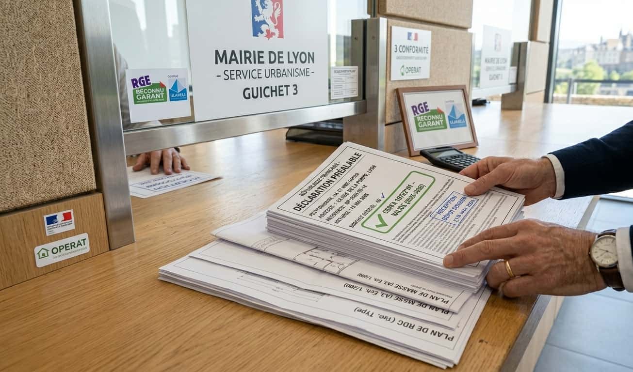 Dépôt d'un formulaire CERFA 16702 pour une déclaration préalable de travaux en mairie en 2026.