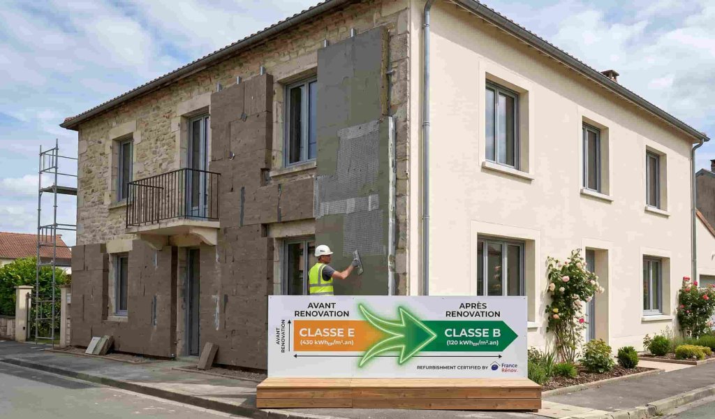 Travaux d'isolation thermique par l'extérieur (ITE) permettant un saut de classe DPE.
