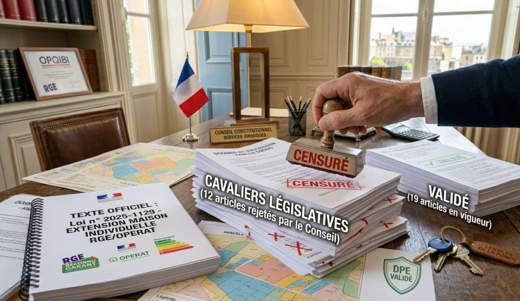 Infographie réaliste montrant la censure de 12 articles cavaliers législatifs par le Conseil constitutionnel sur la loi urbanisme 2025.
