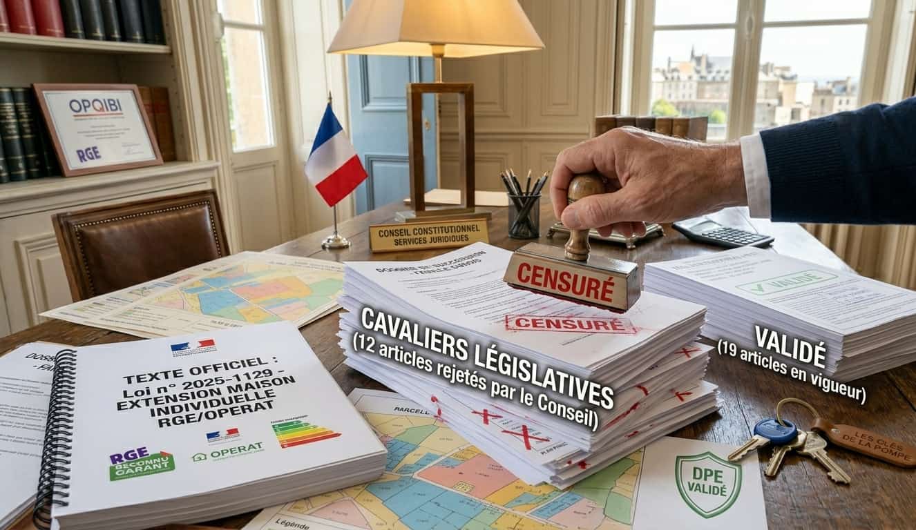 Infographie réaliste montrant la censure de 12 articles cavaliers législatifs par le Conseil constitutionnel sur la loi urbanisme 2025.