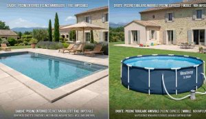 Comparaison visuelle entre une piscine enterrée imposable et une piscine hors-sol démontable non imposable.