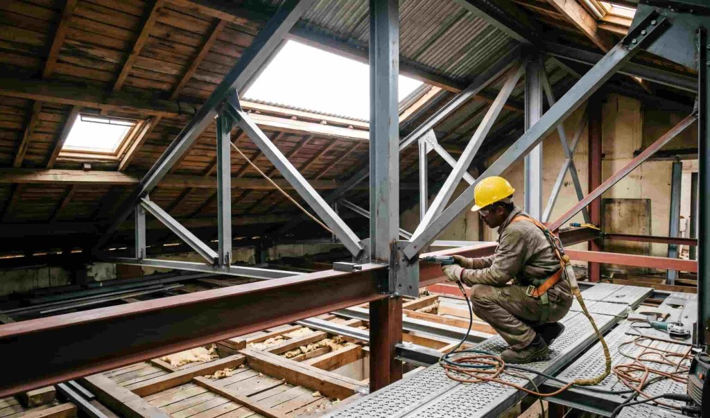 Transformation structurelle de combles perdus avec installation d'une charpente métallique de substitution.