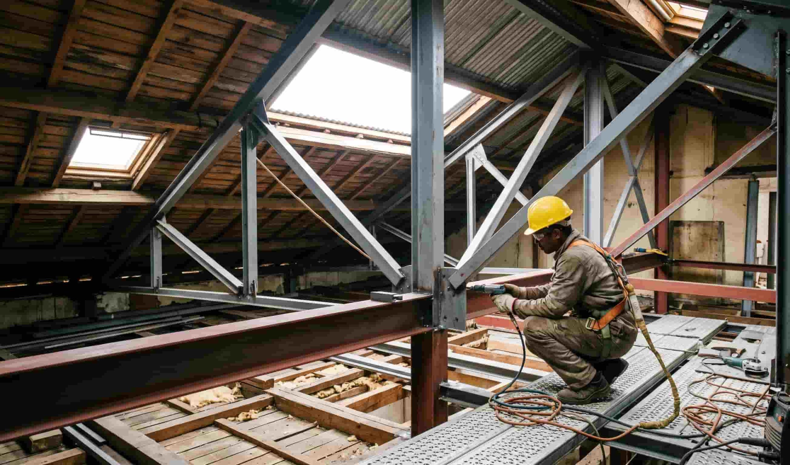Transformation structurelle de combles perdus avec installation d'une charpente métallique de substitution.