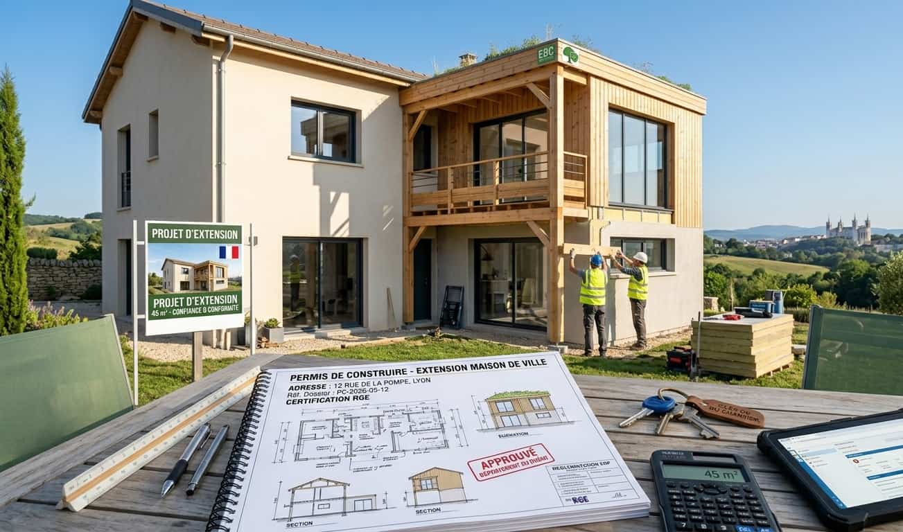 Chantier d'extension de maison de plus de 40m2 nécessitant un permis de construire en zone urbaine.