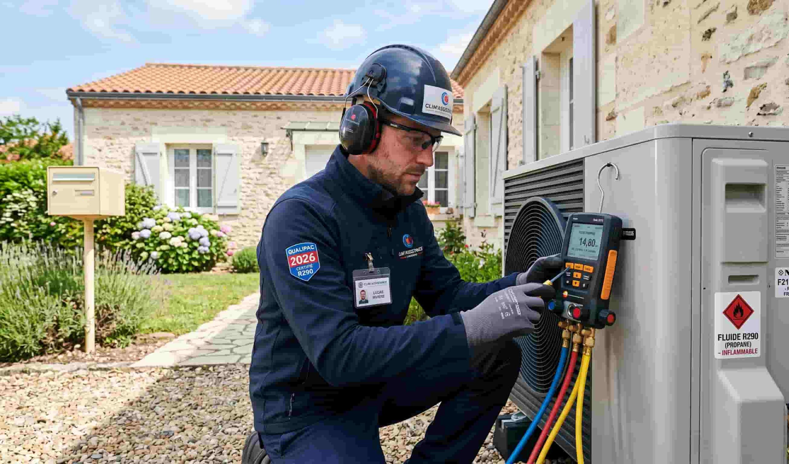 Installation d'une pompe à chaleur air-eau par un professionnel certifié RGE manipulant du fluide frigorigène R290.