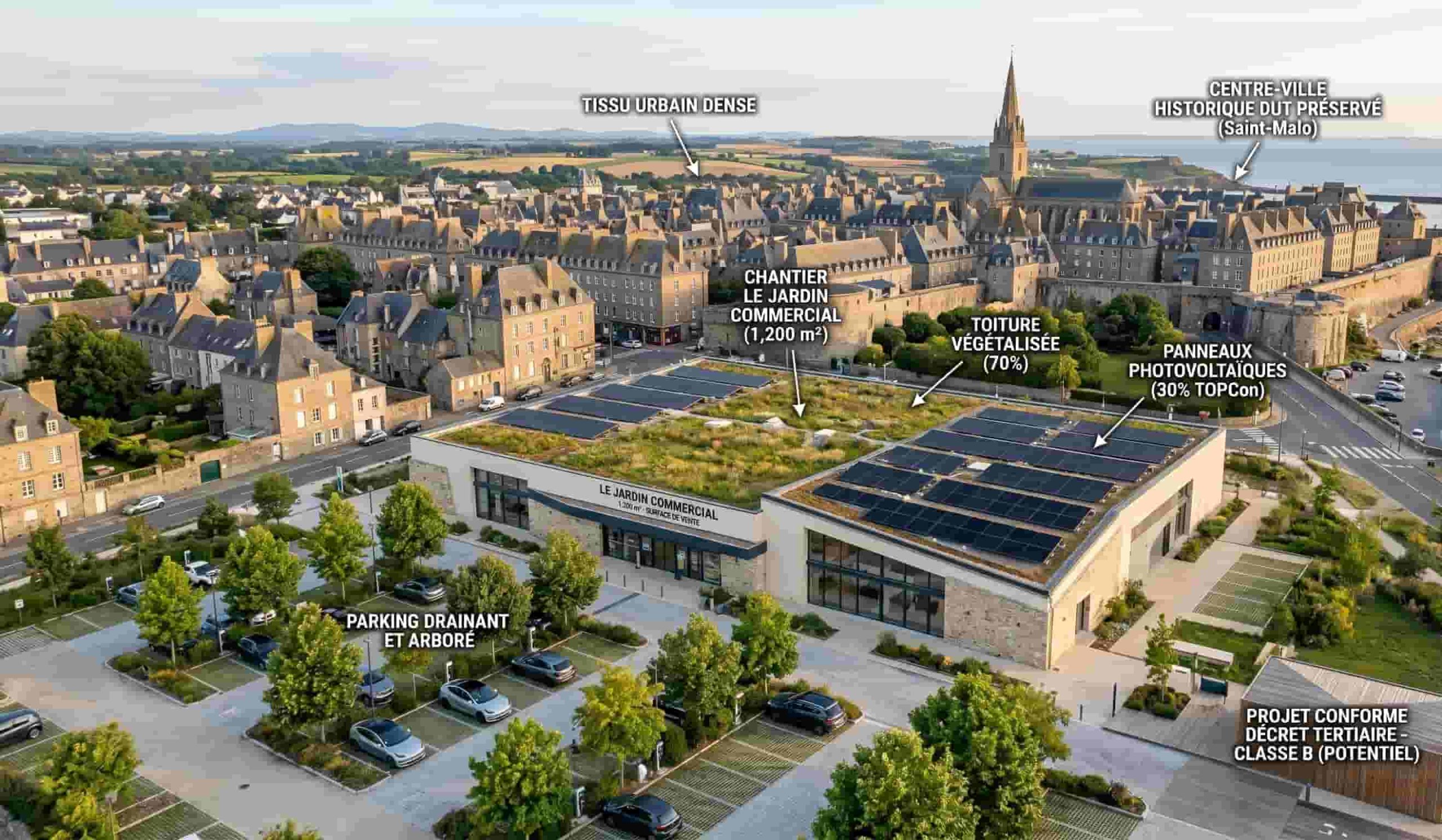 Projet commercial de plus de 1 000 m² respectant les critères d'aménagement du territoire et de non-artificialisation de la loi Climat et Résilience.