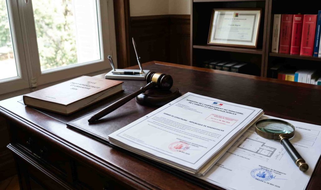 Marteau de juge et dossier juridique pour illustrer le retrait d'un permis de construire et l'article L424-5.