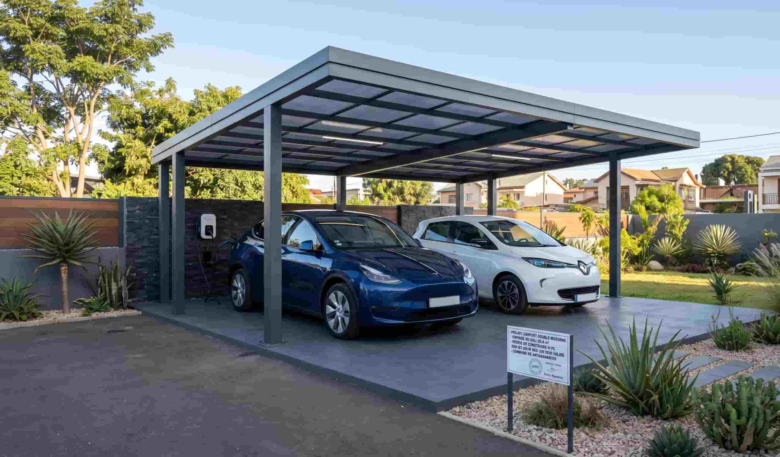 Carport double en aluminium de plus de 20 m² nécessitant un permis de construire.