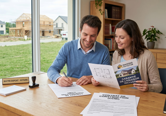 Un couple signe avec confiance un contrat de construction CCMI offrant une garantie de livraison chez un notaire.