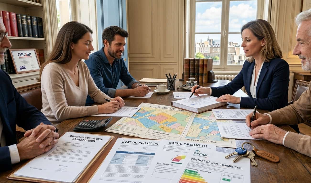 Signature d'un acte de vente de terrain en indivision par tous les héritiers devant un notaire.