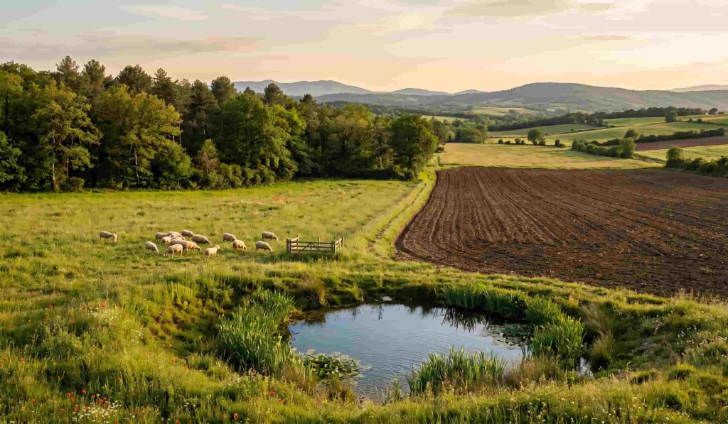 Paysage de terres agricoles, bois et étangs soumis à la taxe foncière sur les propriétés non bâties (TFPNB).