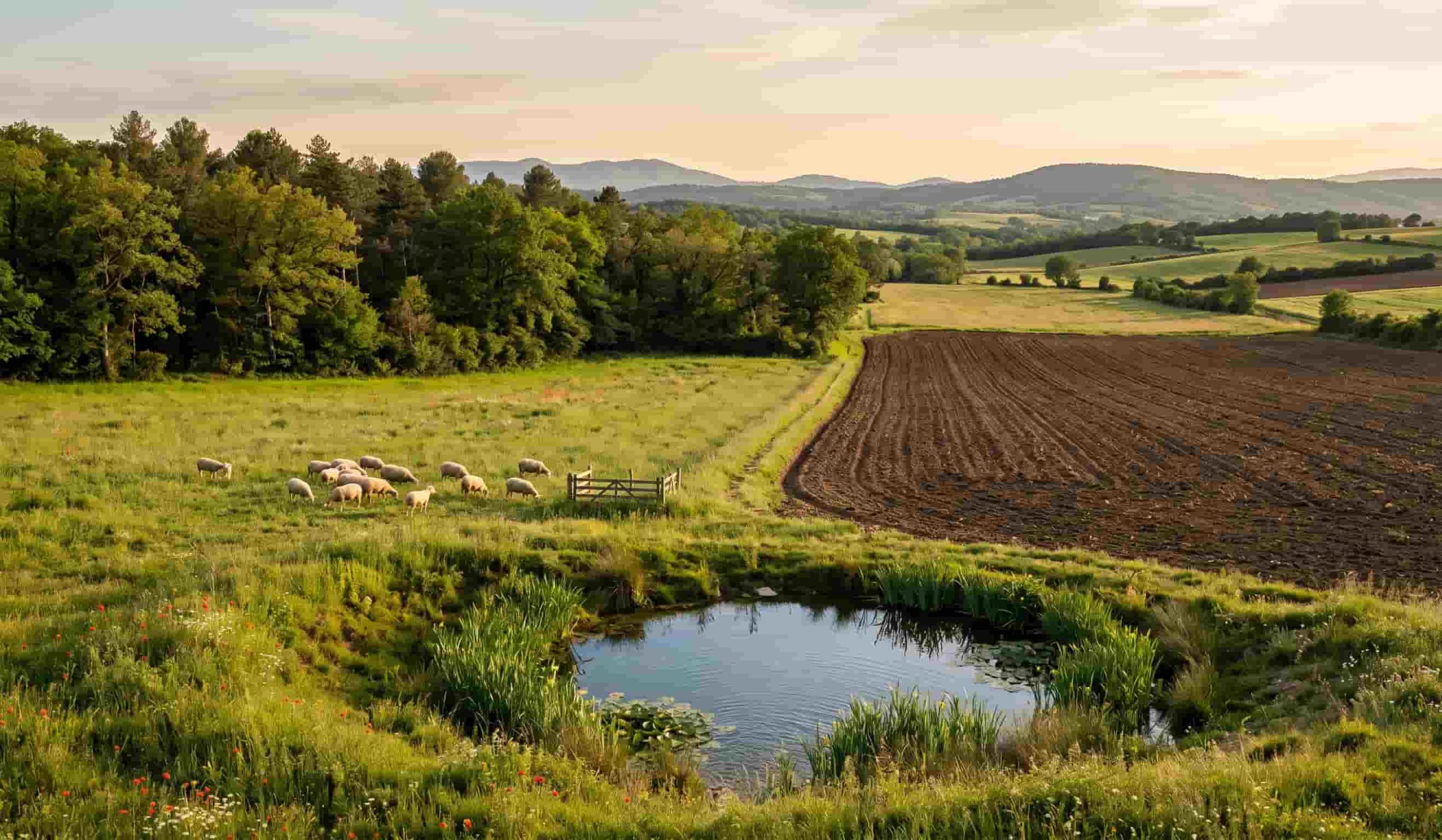 Paysage de terres agricoles, bois et étangs soumis à la taxe foncière sur les propriétés non bâties (TFPNB).