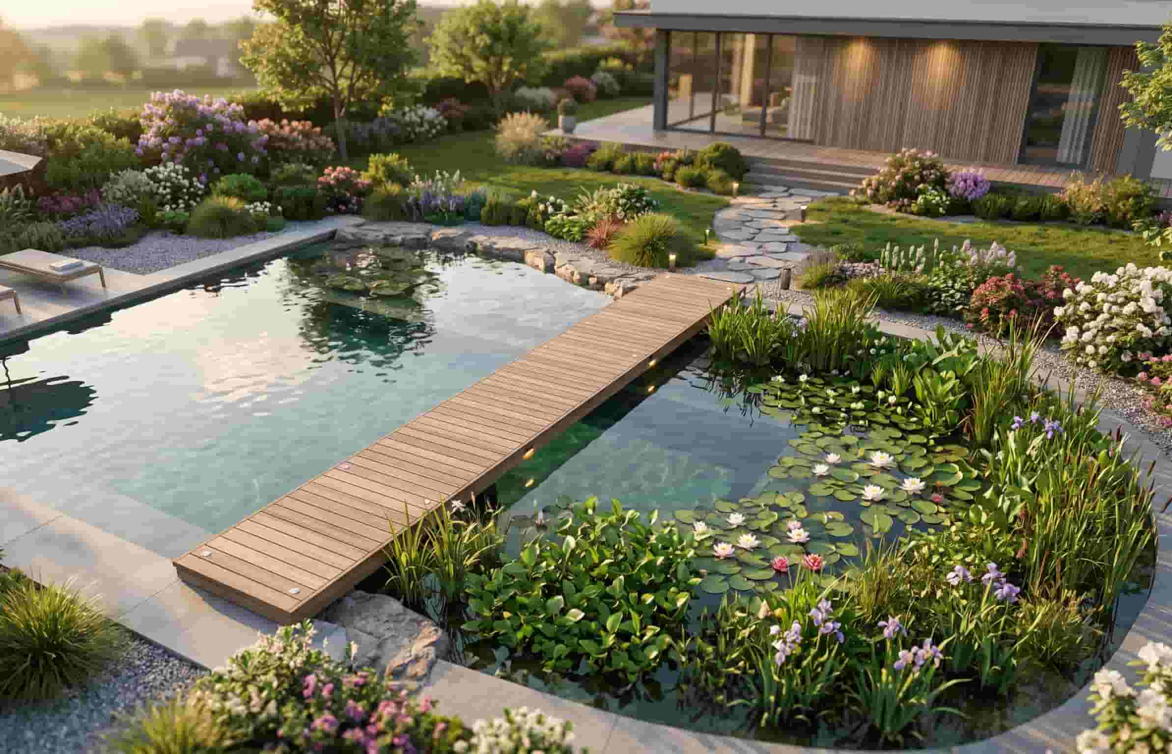 une piscine naturelle de 60 m² montrant la zone de baignade et la zone de filtration végétale, soumise à déclaration préalable.