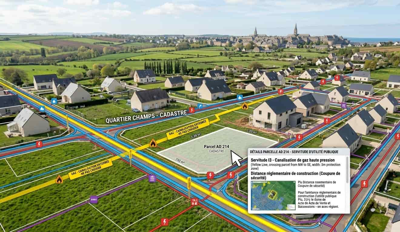 Visualisation des servitudes de réseaux (gaz, électricité) superposées au plan cadastral d'un terrain.