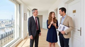 remise des clés d'un appartement neuf en VEFA, avec un couple souriant et un représentant du promoteur immobilier dans un couloir moderne.