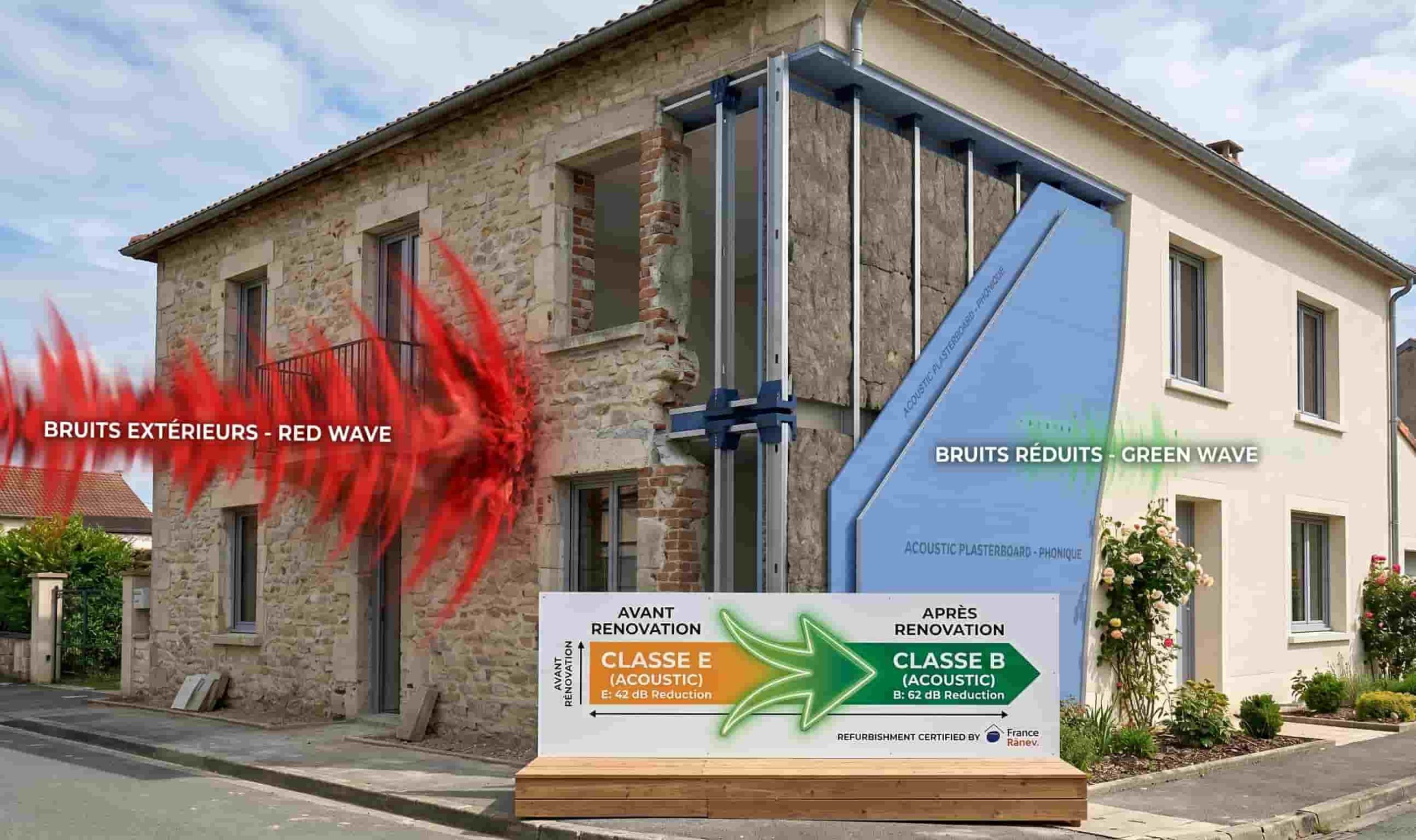 Mesure de l'isolement acoustique DnT,A in situ après travaux d'isolation phonique.