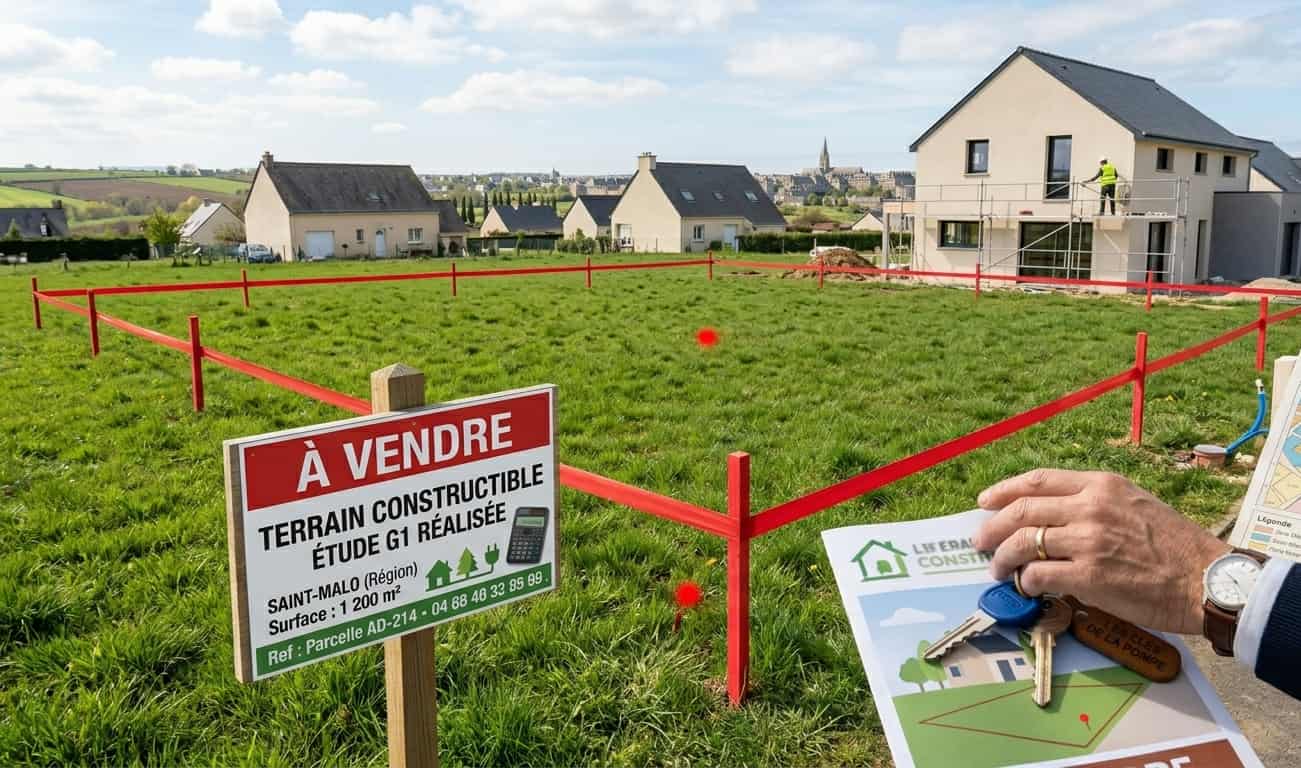 Terrain constructible à vendre avec bornage effectué et étude de sol G1 disponible.