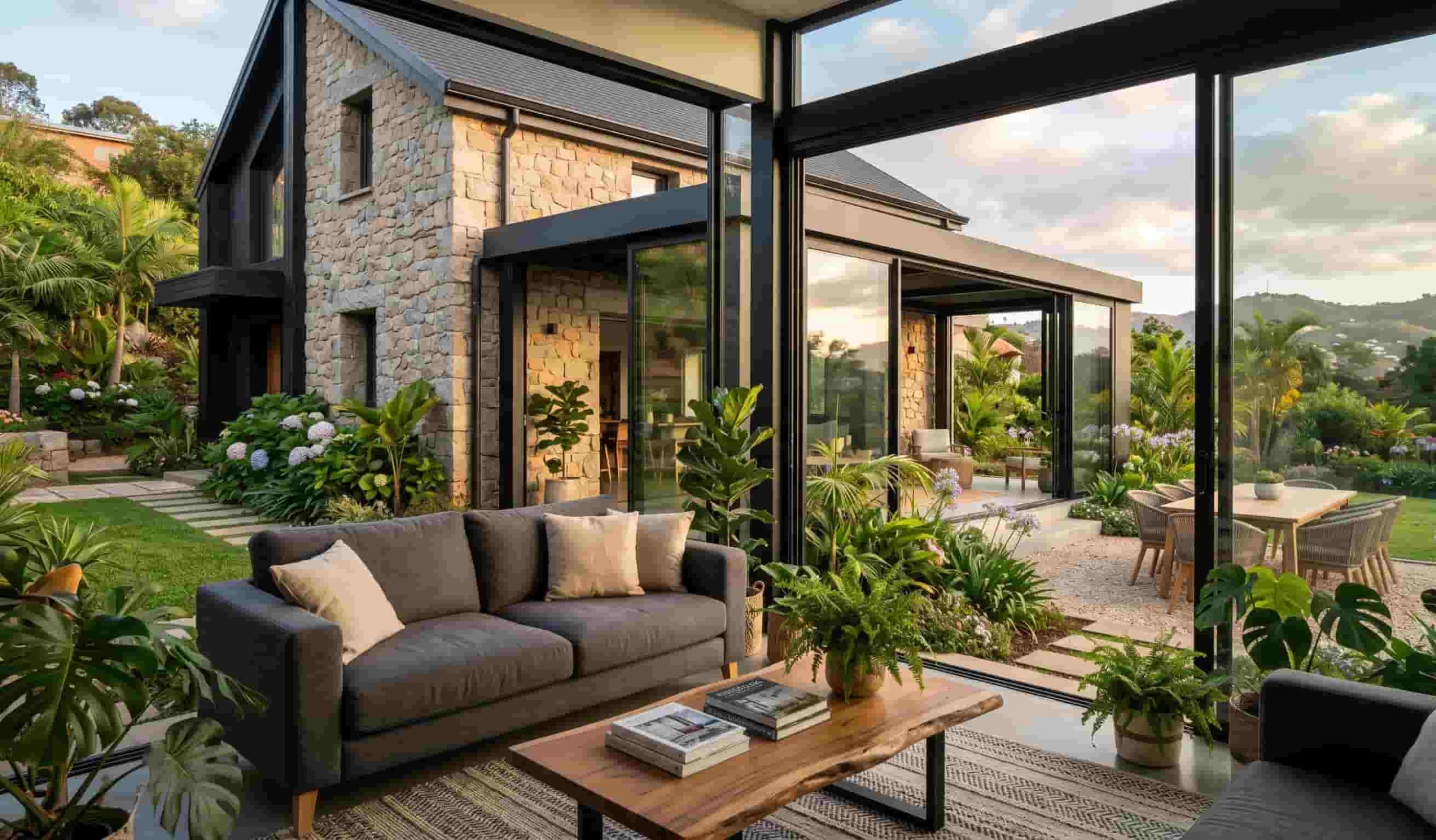 Extension de maison avec véranda en aluminium moderne et baies vitrées haute performance thermique.