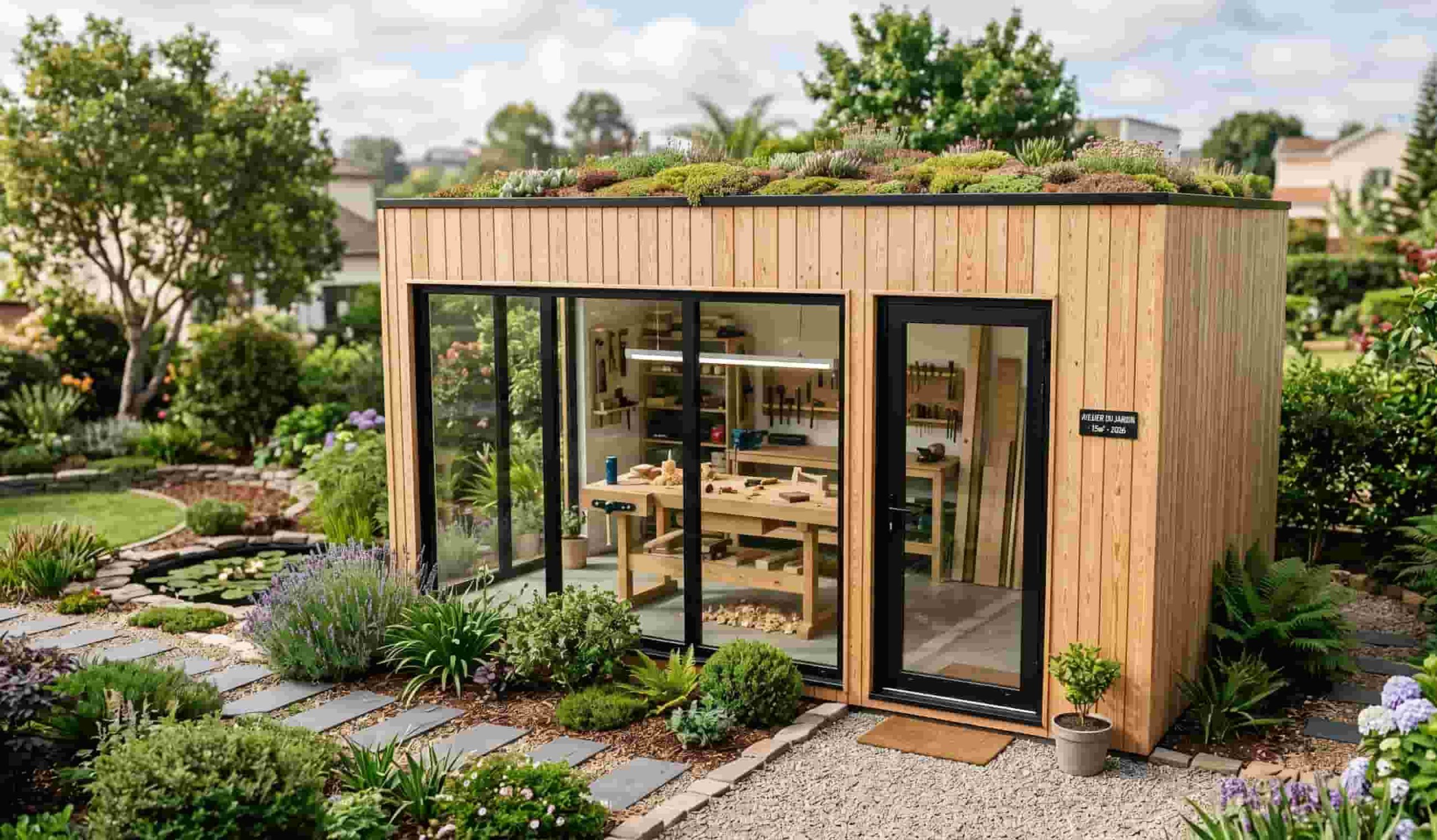 Atelier de jardin moderne en bois de 15 m² avec de grandes ouvertures vitrées, soumis à déclaration préalable.