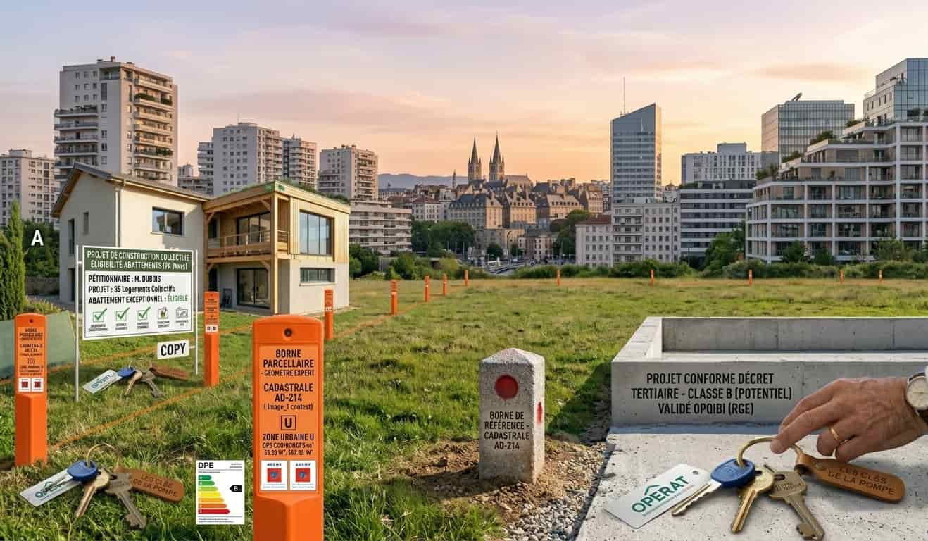 Terrain à bâtir borné en zone urbaine dense pour projet immobilier collectif.