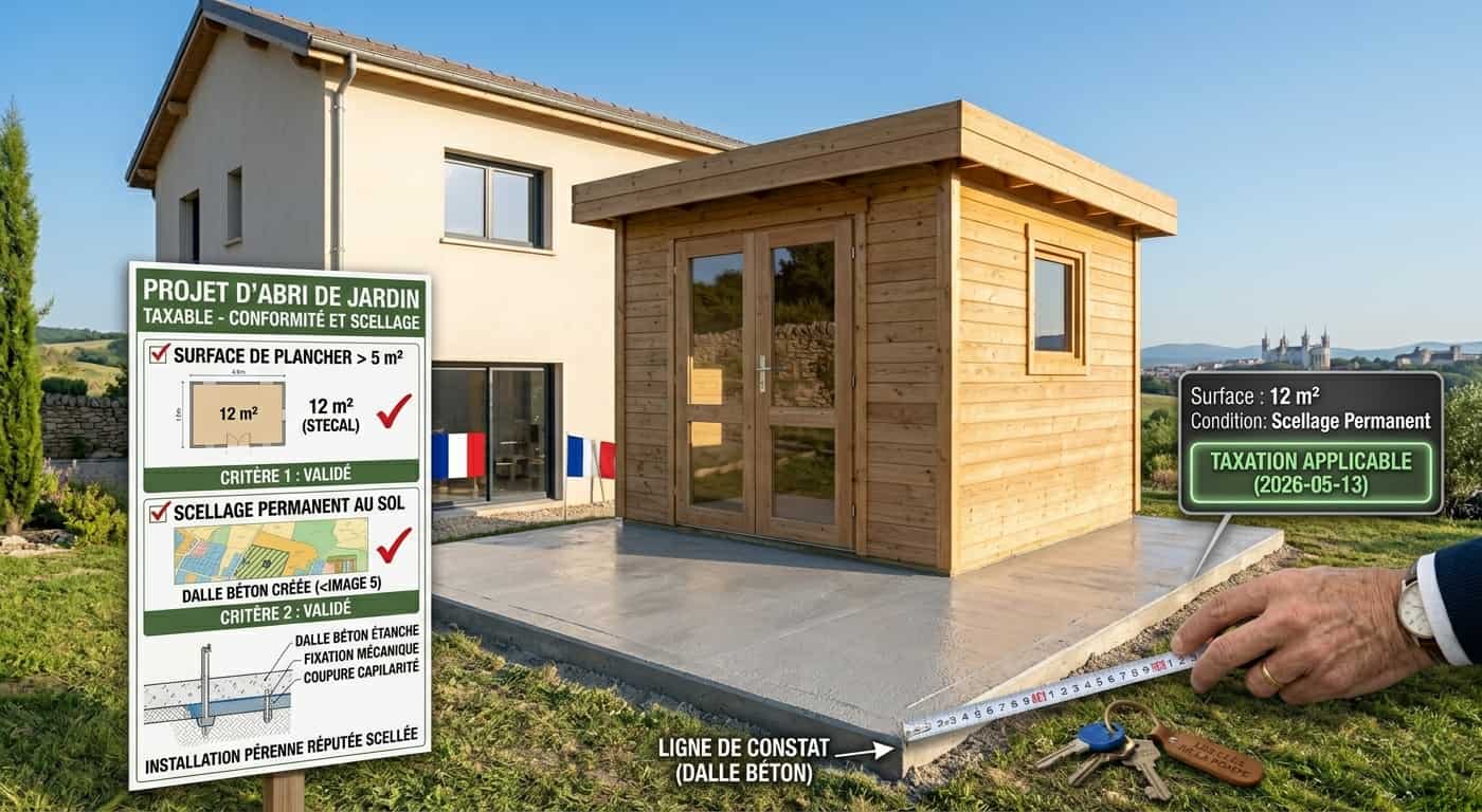 Abri de jardin en bois sur dalle béton soumis à la taxe d'aménagement et à la taxe foncière en 2026.