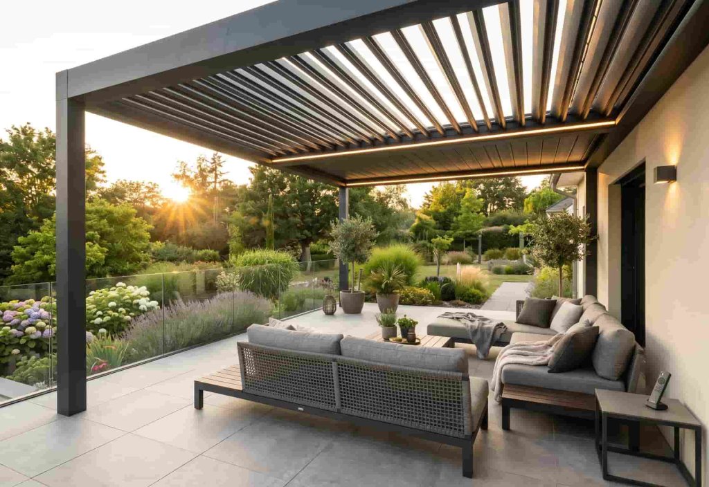 Pergola bioclimatique adossée en aluminium gris anthracite avec lames motorisées et éclairage LED intégré sur une terrasse moderne.