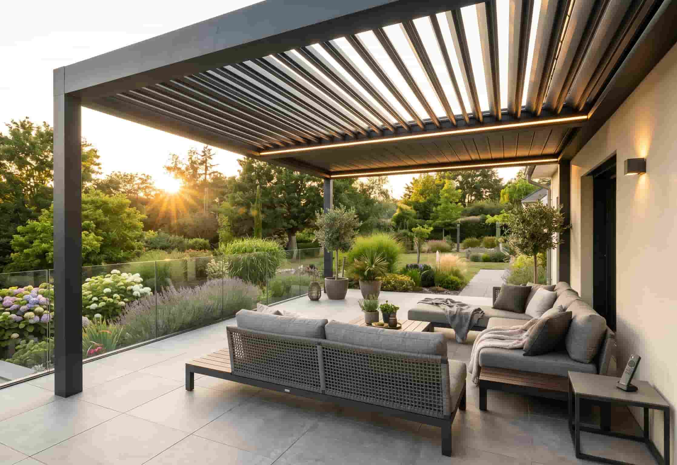 Pergola bioclimatique adossée en aluminium gris anthracite avec lames motorisées et éclairage LED intégré sur une terrasse moderne.