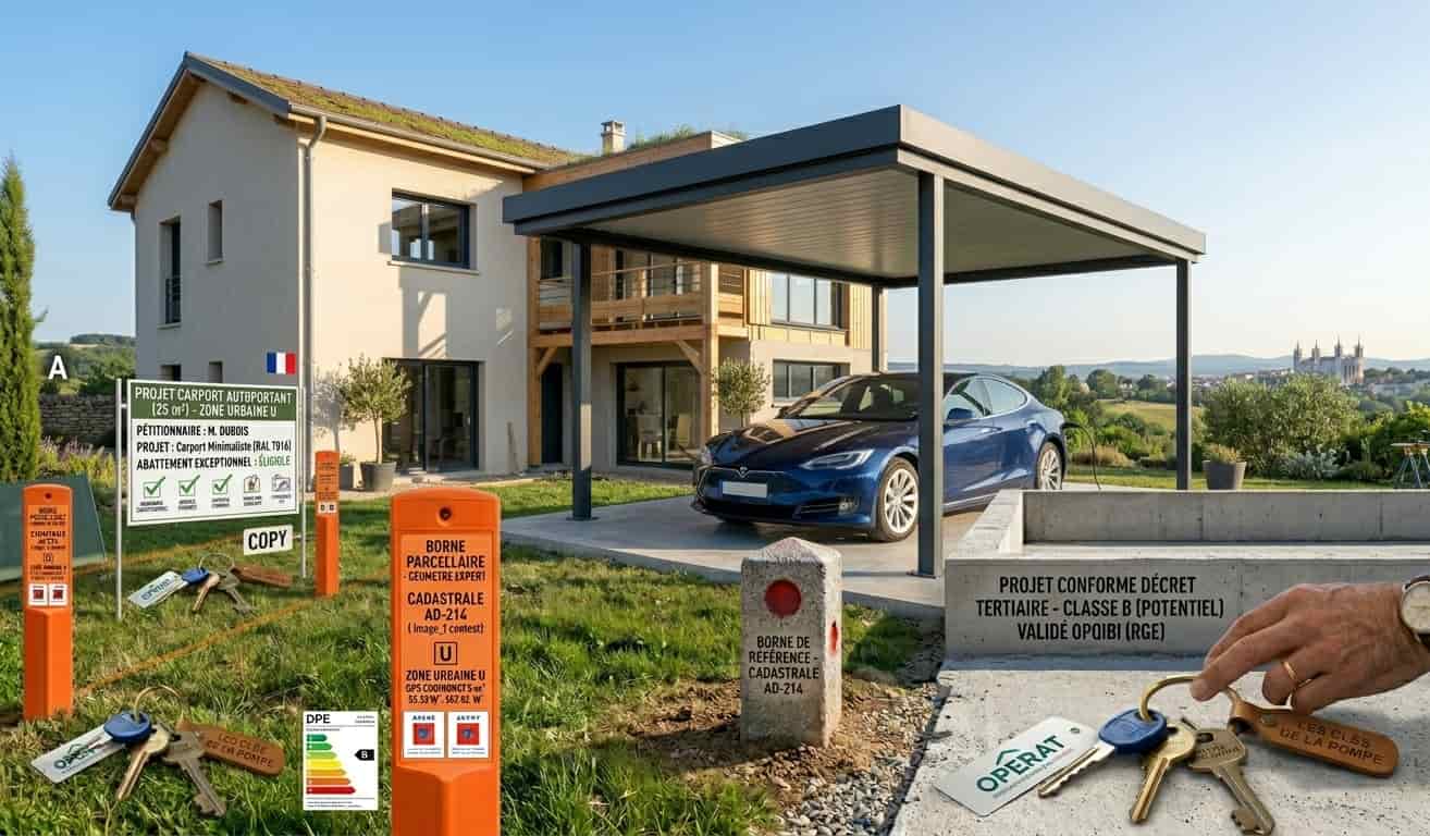 Carport moderne en aluminium gris anthracite avec toit plat pour une voiture.