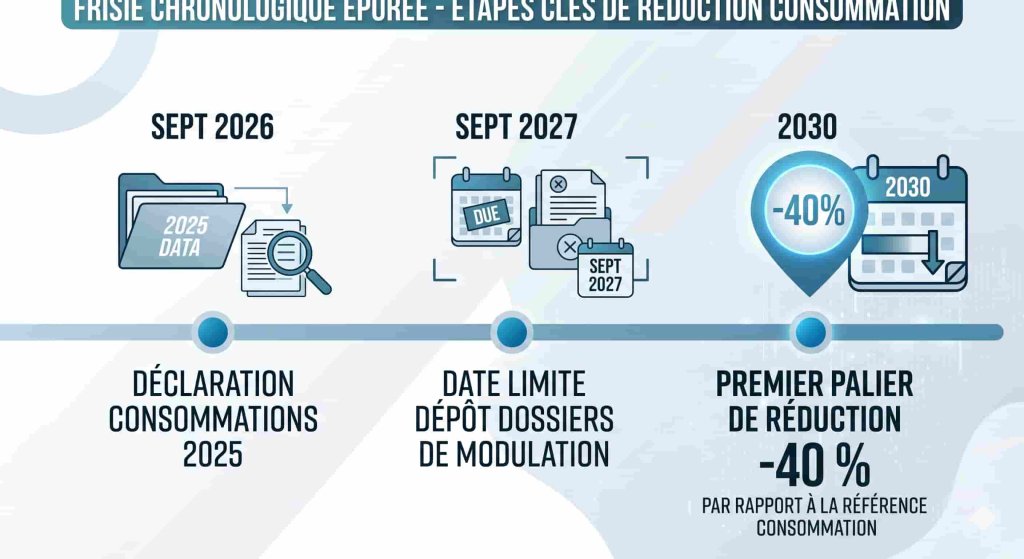 Calendrier des obligations du décret tertiaire entre 2026 et 2030.