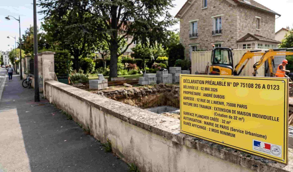 Panneau d'affichage réglementaire de déclaration préalable de travaux visible depuis la voie publique.