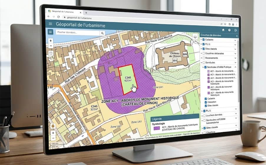 Consultation du Géoportail de l'urbanisme pour vérifier les servitudes AC1 AC2 et AC4 en zone ABF.