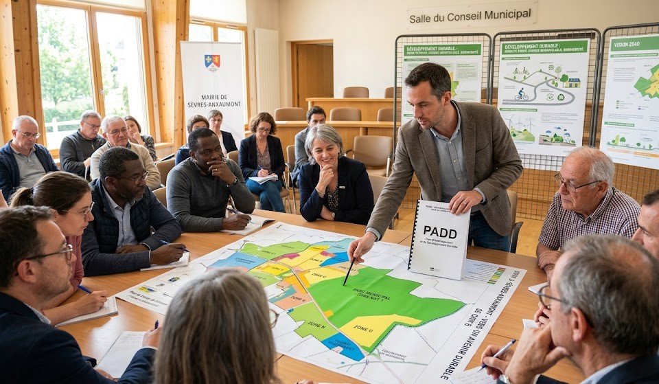 Réunion de concertation publique sur le Projet d'Aménagement et de Développement Durables (PADD) lors d'une révision de PLU.