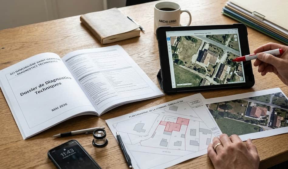Comparaison entre une photo aérienne historique et le plan cadastral pour vérifier la date d'achèvement d'une construction.