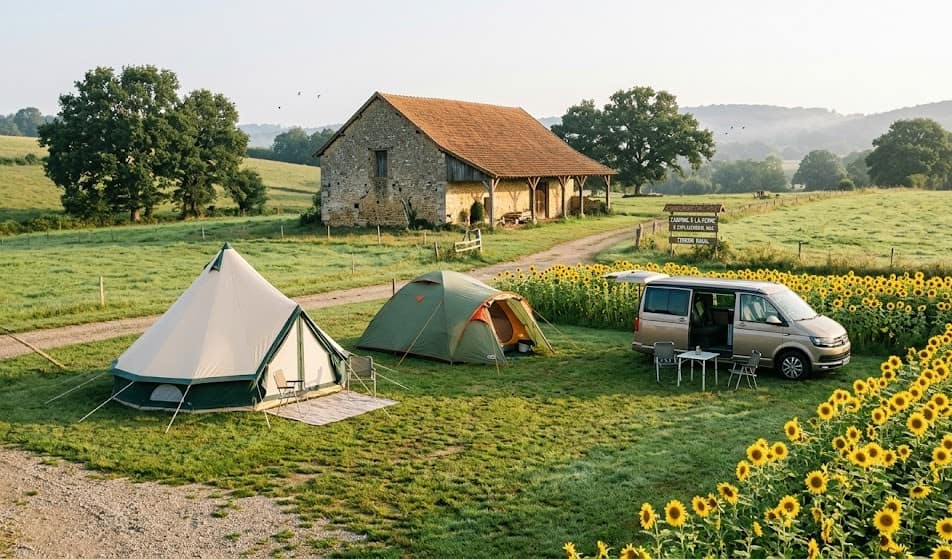 Petit camping à la ferme en zone agricole respectant le seuil légal de moins de 6 hébergements légers.