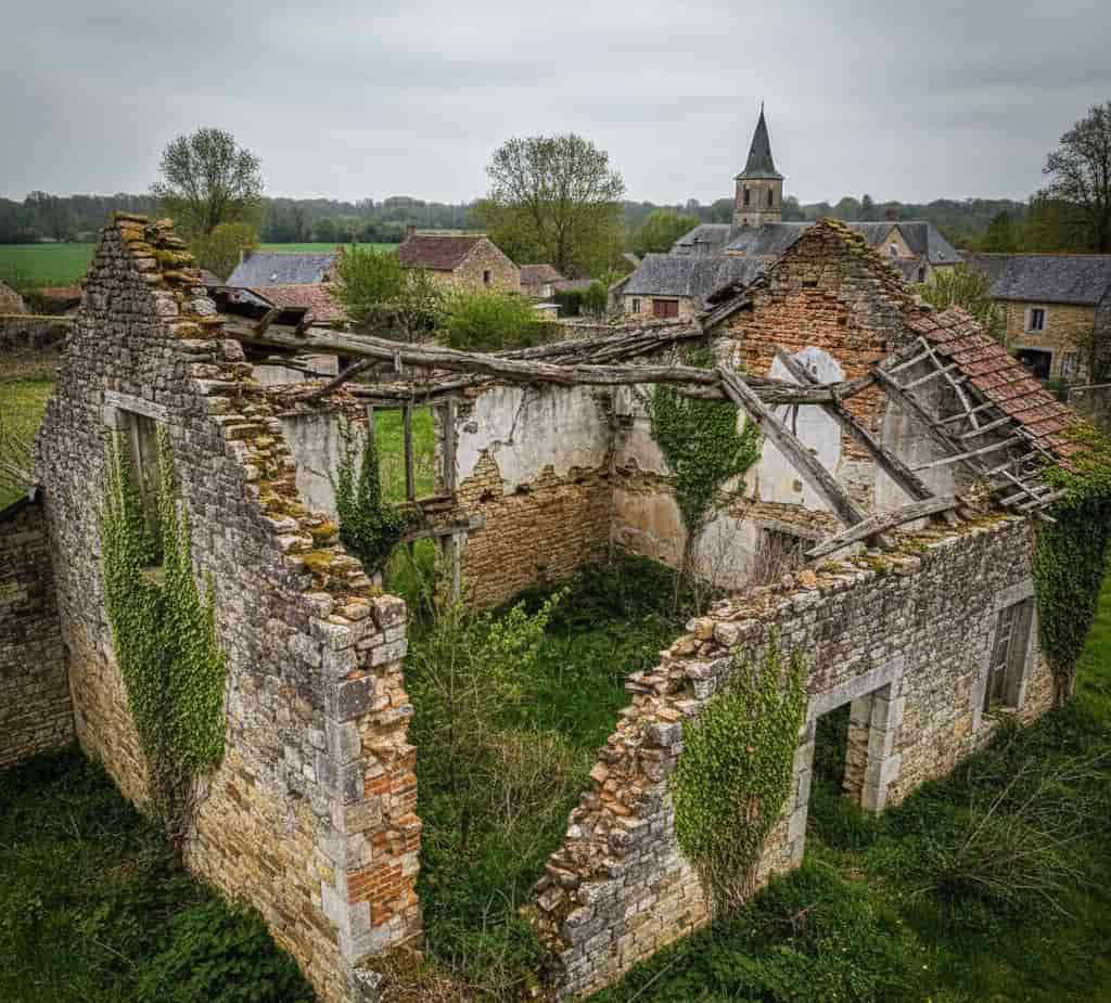 Ruine d'une grange ancienne avant reconstruction, murs effondrés et toiture absente