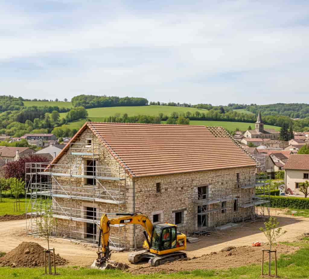 Reconstruction d'une ruine en maison individuelle avec murs en pierre et toiture traditionnelle