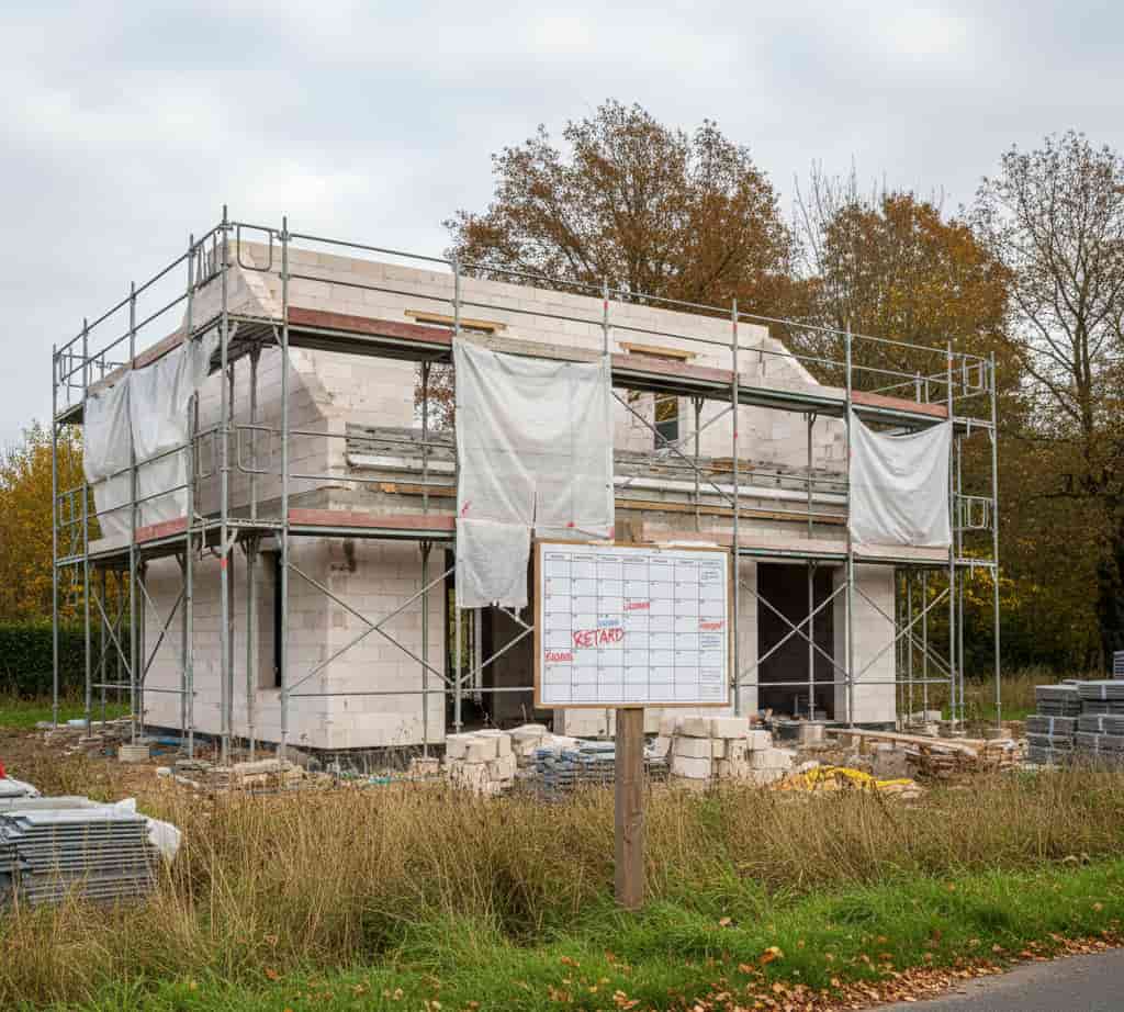 Chantier de maison en retard avec travaux arrêtés et absence d’ouvriers