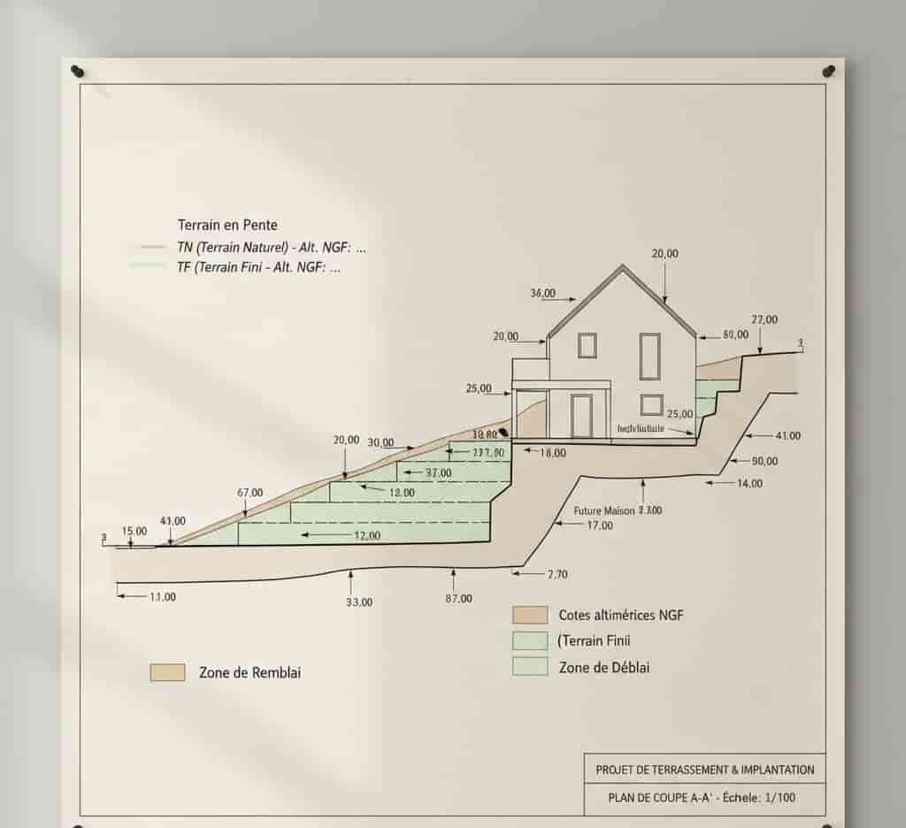 Plan de coupe montrant terrain naturel, terrain fini, remblai et déblai pour un projet de construction