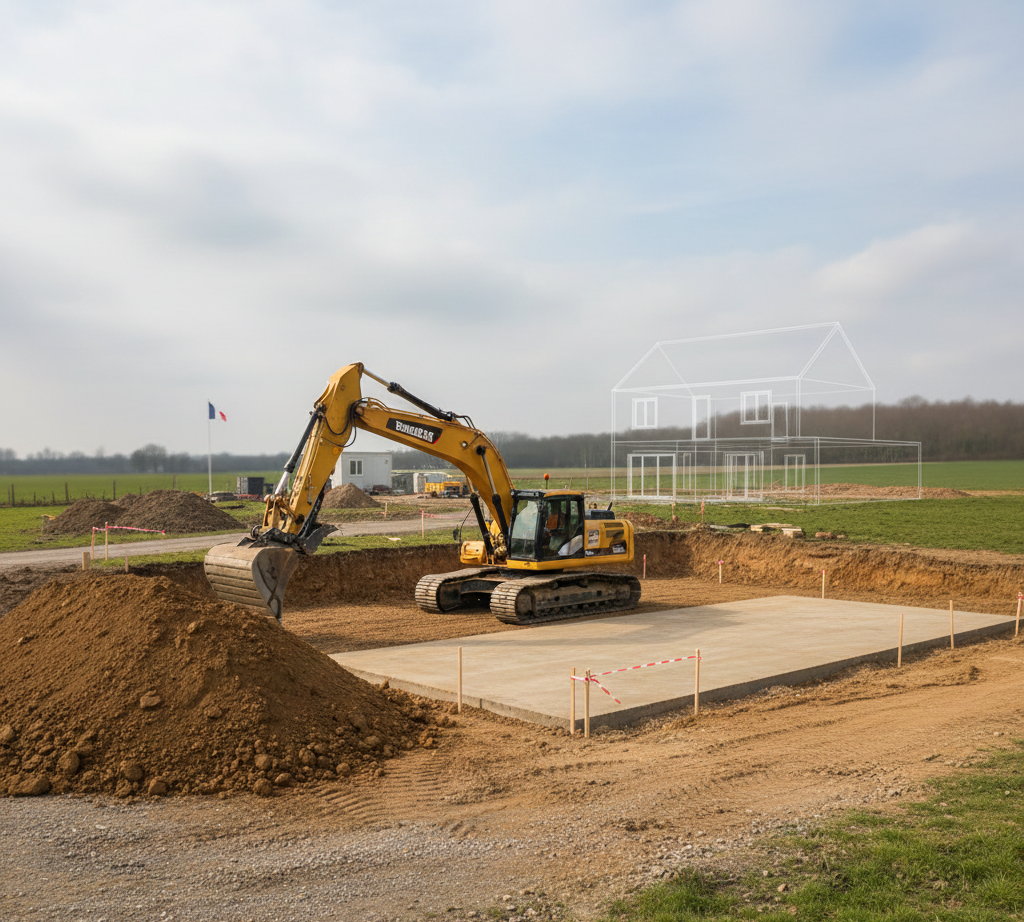Travaux de terrassement avec remblai et déblai avant construction d’une maison