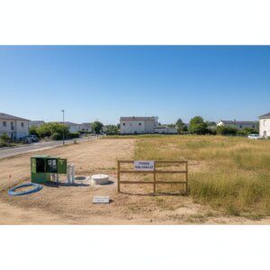 Comparaison d’un terrain viabilisé avec raccordements eau, électricité et assainissement et d’un terrain non viabilisé, illustration réaliste pour article sur la viabilisation de terrain