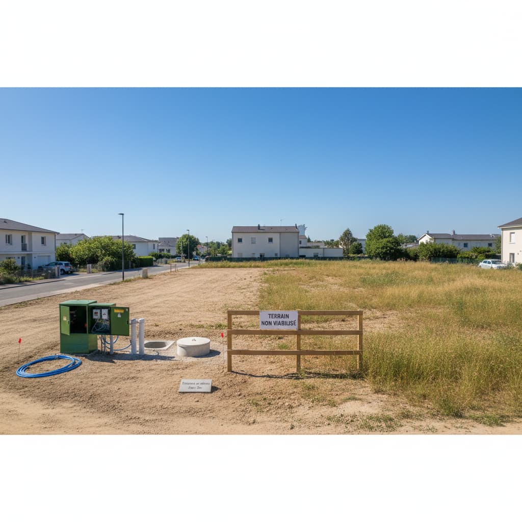 Comparaison d’un terrain viabilisé avec raccordements eau, électricité et assainissement et d’un terrain non viabilisé, illustration réaliste pour article sur la viabilisation de terrain