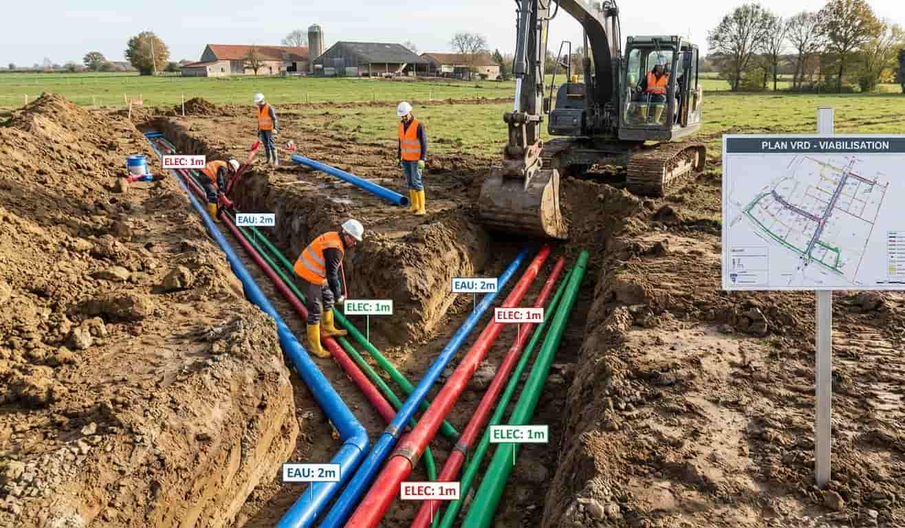 Travaux de viabilisation d’un terrain avec tranchées pour eau, électricité et télécommunications, illustration réaliste du processus de raccordement pour permis de construire